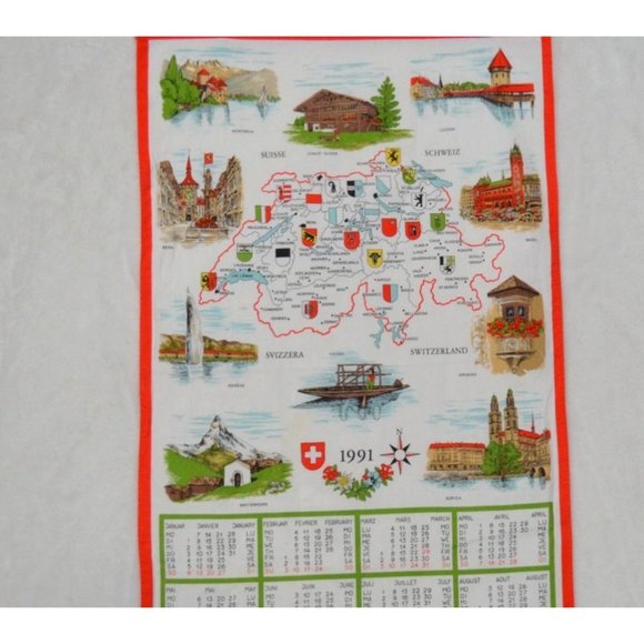 Vintage Switzerland Alba Swiss made Wall Calendar map Tea Dish Towel cloth fabri - Picture 4 of 4